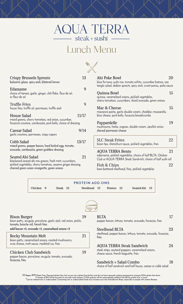 AQUA TERRA Steak + Sushi | Lunch Menu | page 1 | appetizers - salads - protein add-ons - burgers & sandwiches