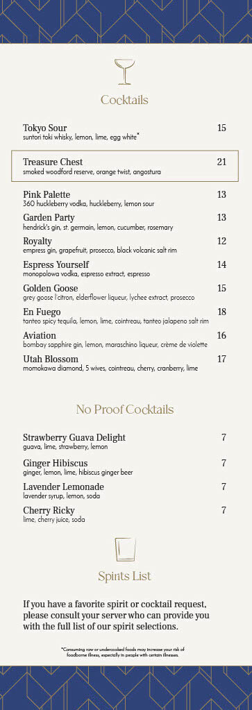 AQUA TERRA Steak + Sushi | drinks menu | cocktails - no proof cocktails - spirits list