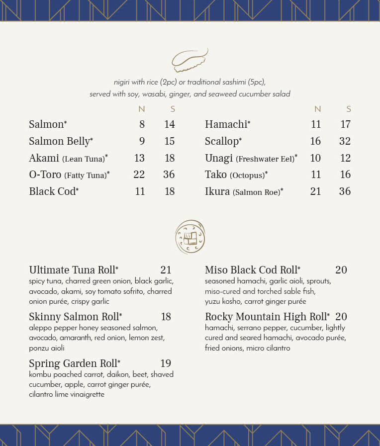 AQUA TERRA Steak + Sushi | sushi bar menu | nigiri & sashimi - sushi rolls